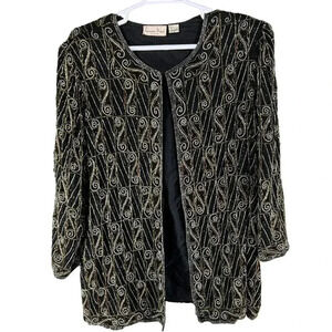 VTG Laurence Kazar Womens 3X 100% Silk Cardigan 3D Art To Wear Allover Beaded